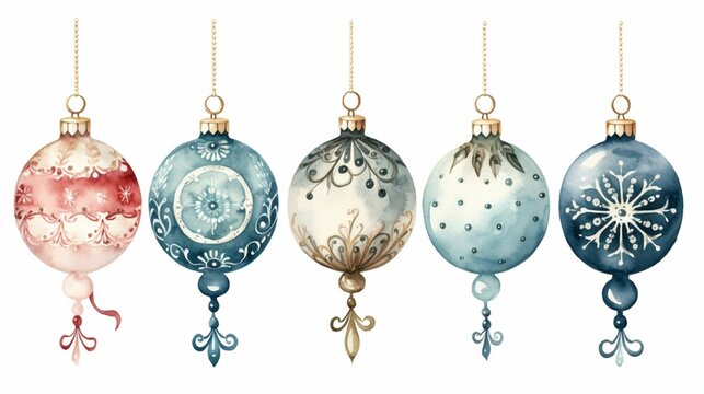 Set of watercolor Christmas balls with different design. Decoration for the holiday. Created with Generative AI technology

