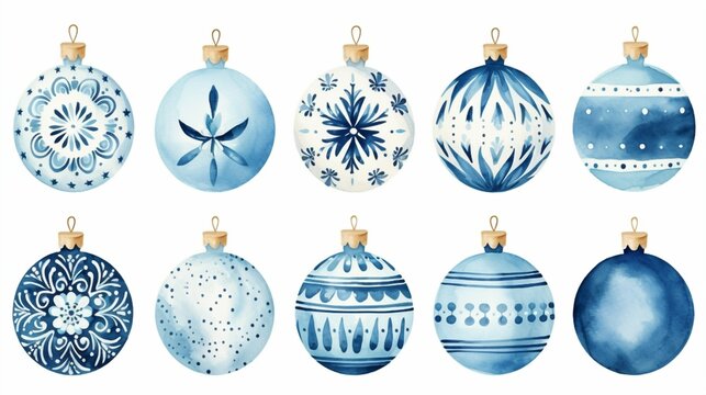 Set of blue Christmas balls watercolor ornament. Holiday decoration. Created with Generative AI technology

