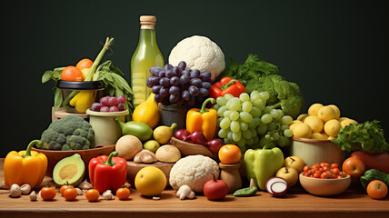 Composition with variety of raw organic vegetables and fruits. Balanced diet generativa IA