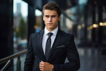 Professional looking young businessman, Portrait of a male executive posing confidently, blonde businessman, businessman in black suit, Sharp looking guy wearing blazer, positive entrepreneur