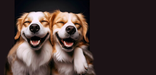 perros abrazados sonriendo, felices, concepto de amistad, compañerismo, - obrazy, fototapety, plakaty