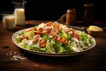 Salmon Caesar Salad: A Culinary Masterpiece Featuring Fresh Greens, Croutons, and Anchovies, Dressed in Creamy Homemade Caesar Dressing.

 - obrazy, fototapety, plakaty
