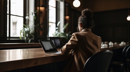 Woman in a business suit working on her laptop, on a coffeeshop.