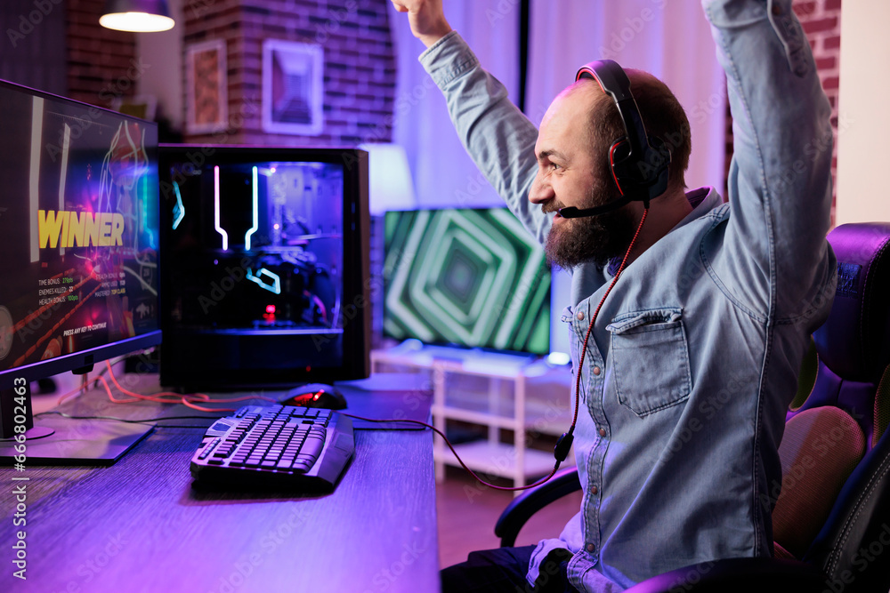 Poster gamer winning intense singleplayer spaceship arcade racing videogame on capable gaming computer syst