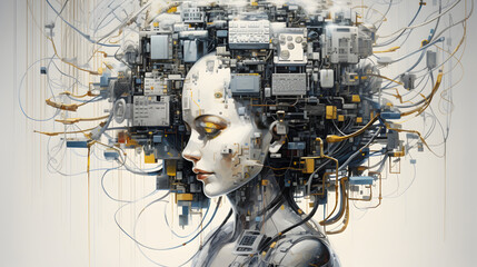 Human digitization. Artificial intelligence - AI and technology concept. An creative abstract art view of futuristic digital sci-fi woman humanoid cyborg mega mind machine. 