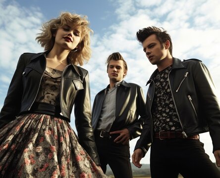 People fashion clothing 1950, 1960 in the style of iconic rock and roll imagery, Times of driving music, trendy hairstyles, stylish clothes, daring deeds, leather jackets and colorful dresses .