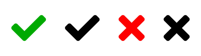 Yes and No or Right and Wrong or Approved and Declined Icons with Black Green Check Mark and Red X Sign. Vector Image.	