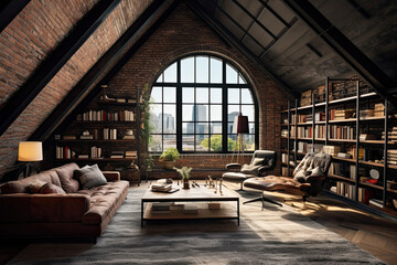 Industrial-themed attic. Exposed brick walls, metal fixtures, and open shelvings