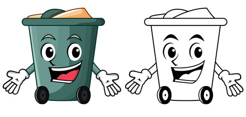 Happy Garbage bin mascot character vector image, dustbin , trash barrel , wastebin with a happy face cartoon vector image, colored and black and white line drawing stock illustration