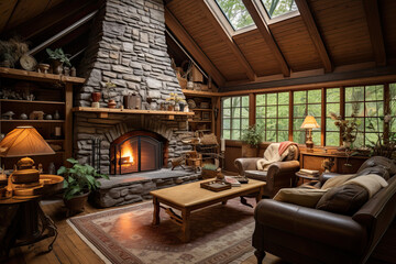 Attic floor with exposed wooden beams and rustic charm. Aged wood flooring, a stone fireplace, and vintage furnishings create a cozy cabin feel