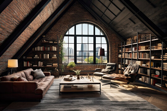 Industrial-themed attic. Exposed brick walls, metal fixtures, and open shelvings