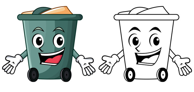 Happy Garbage bin mascot character vector image, dustbin , trash barrel , wastebin with a happy face cartoon vector image, colored and black and white line drawing stock illustration