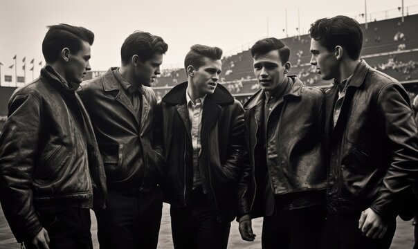 People fashion clothing 1950, 1960 in the style of iconic rock and roll imagery, Times of driving music, trendy hairstyles, stylish clothes, daring deeds, leather jackets and colorful dresses .