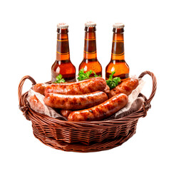 Beer and sausages on a wicker basket over white transparent background - obrazy, fototapety, plakaty