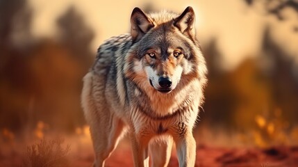 Naklejka na ściany i meble Furry dangerous iberian wolf in nature background. AI generated image