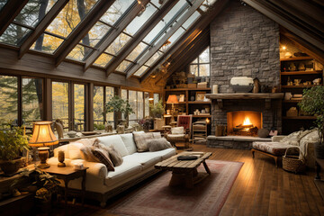 Attic floor with exposed wooden beams and large windows. Aged wood flooring, a stone fireplace, and vintage furnishings create a cozy cabin feel - obrazy, fototapety, plakaty