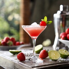 Frozen strawberry daiquiri drink in a fancy glass with salt around the rim