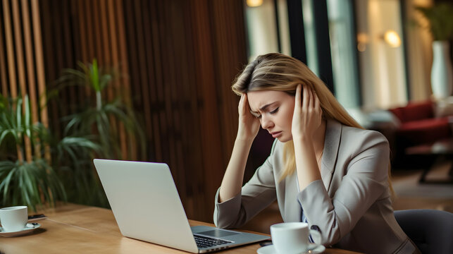 Exhausted female office worker feeling frustrated about deadline, working in office