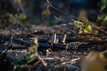 A group of several shell casings from machine gun