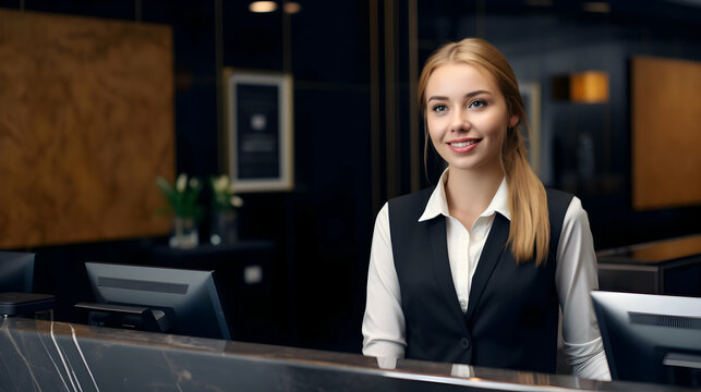 Photo Receptionist at hotel front desk welcoming at Counter