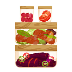 Containers with leftover food vector illustration. Cartoon isolated glass or plastic transparent boxes with lids and meals left over from dinner or holiday feast, storage pack from home fridge