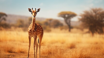 Naklejka na ściany i meble Side view of African giraffe on blurred nature background. AI generated image