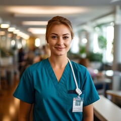Smiling medical professional wearing scrubs and a stethoscope,  a busy hospital corridor is visible in the background - Generative AI