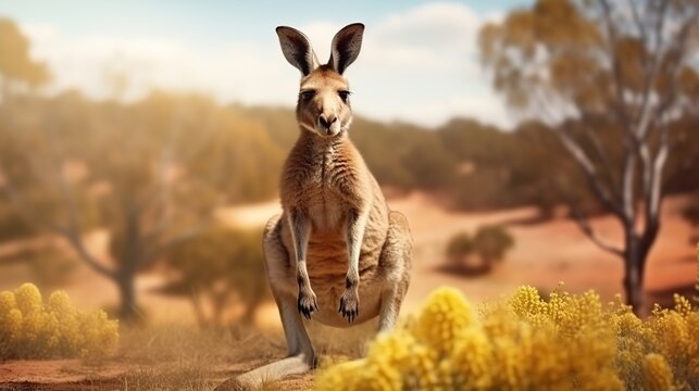 Gray kangaroo standing among long grass blurred background. AI generated image