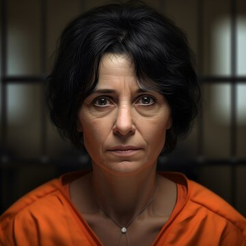 Portrait of a sad middle-aged female prisoner in an orange jumpsuit - Generative AI