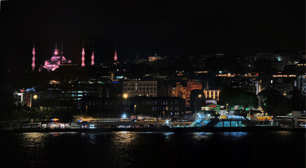 Fototapeta na wymiar Nighttime Panorama of Old Town Istanbul to include the Lit Hagia Sophia