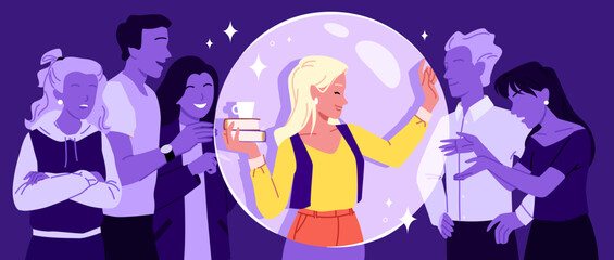 Cartoon young woman introvert holding glass bubble with comfort space to avoid unwanted communication and interaction. Personal boundary between person and crowd of people vector illustration