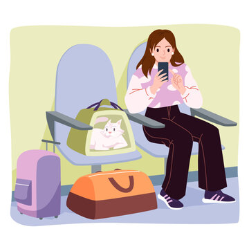 Travel with cat in carrier box vector illustration. Cartoon girl sitting in chair with mobile phone, small kitten inside container on seat, suitcase and bag for summer vacation or trip on floor