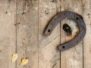 One old metal horse shoe on a simple wooden surface. Old symbol of luck.
