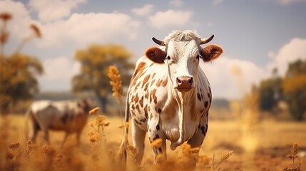 Dairy cow on the green grass field background. AI generated image