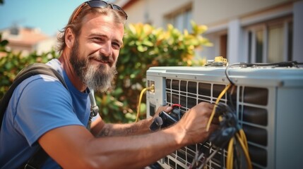 Air conditioner technician services outdoor AC unit. - obrazy, fototapety, plakaty