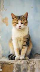 A curious feline perched on a ledge against a vibrant blue backdrop