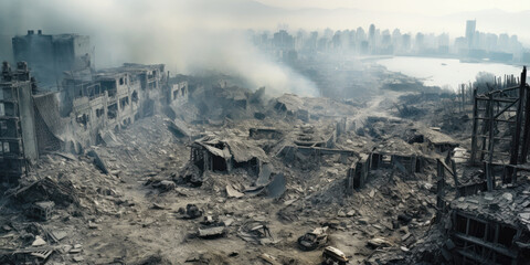 Fototapeta premium Destroyed city in Middle East, panorama of buildings ruins, rubble and smoke, urban destructions. Deserted landscape during war. Concept of wasteland, apocalypse, debris