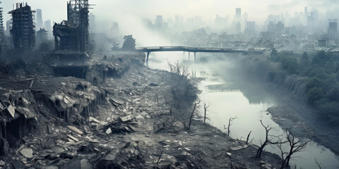 Destroyed city view during war, urban landscape of buildings ruins, river and rubbles. Deserted scene due to missile attacks and bombing. Concept of wasteland, apocalypse