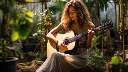 Young woman in dress plays guitar at home backyard, adult girl guitarist practices music. Player with acoustic instrument in green garden. Concept of summer, nature - obrazy, fototapety, plakaty