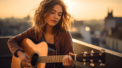 Adult girl plays guitar on building roof at sunset, young woman guitarist practices music. Player with acoustic instrument outside home. Concept of summer, city, musician