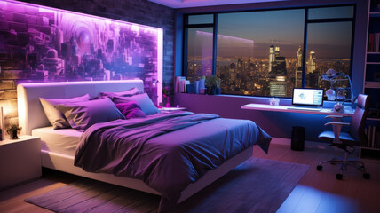 Teens room at night, futuristic design with neon light. Modern home interior in blue and purple...