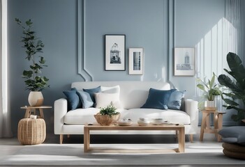 Fototapeta na wymiar Japandi minimalist living room with frame mockup in white and blue tones sofa rattan furniture