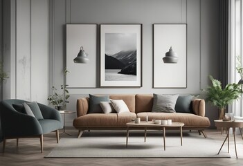 Mock up poster frame in modern interior background living room Scandinavian style 3D render