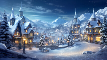 little Christmas town covered with snow