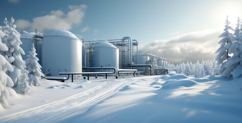Clean H2 production, Large white metal hydrogen gas storage tanks with snow in winter landscape.