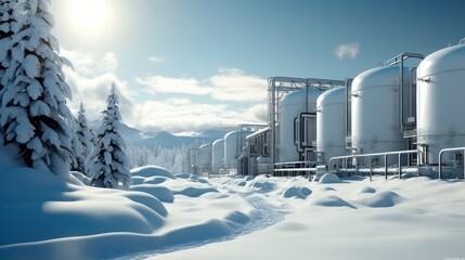 Clean H2 production, Large white metal hydrogen gas storage tanks with snow in winter landscape.