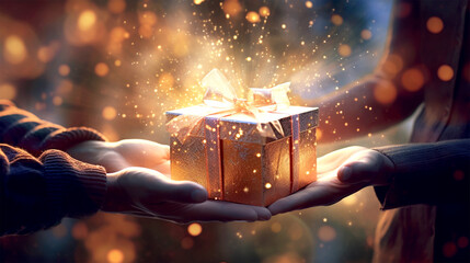 opening a Christmas present with sparkling Christmas lights - obrazy, fototapety, plakaty