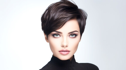 young brunette woman with stylish haircut