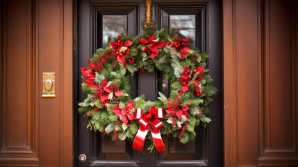 Fototapeta na wymiar christmas wreath hanging on front door