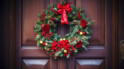 Fototapeta na wymiar christmas wreath hanging on front door